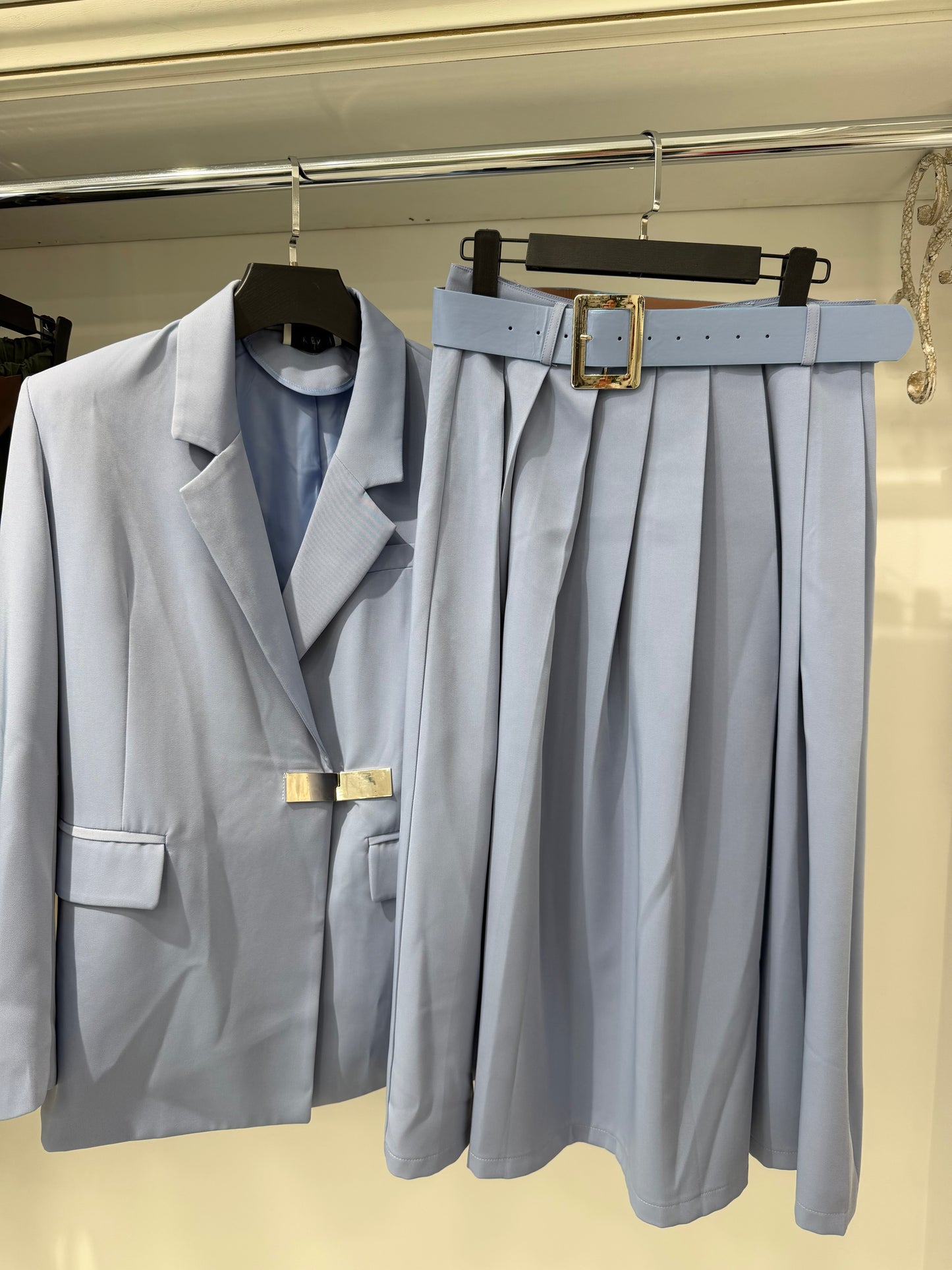 Light blue blazer skirt set