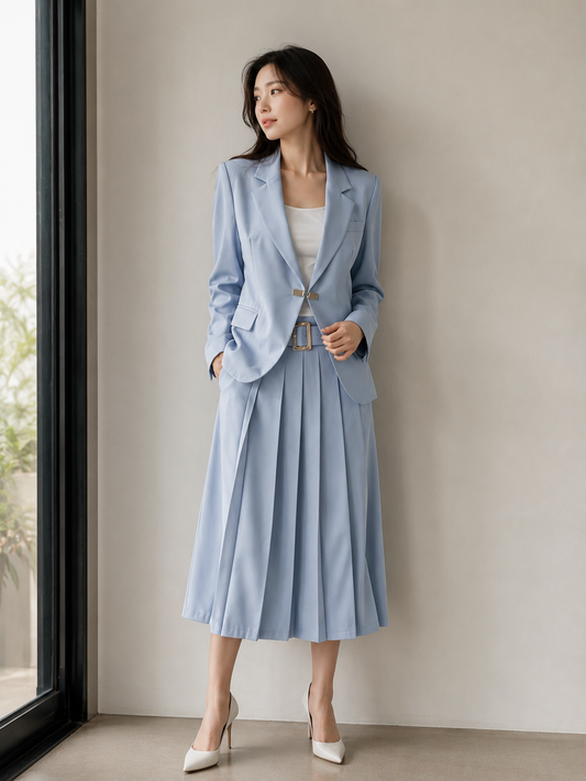 Light blue blazer skirt set